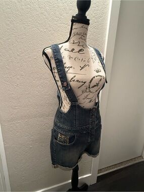 Boutique Y2K LaRok Distressed Blue Denim Short Overalls with Sequin Embellishmen